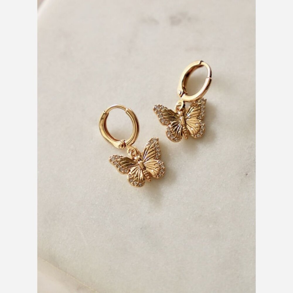 Butterfly Huggie Hoop Earrings – Gold Plated with Cubic Zirconia Details